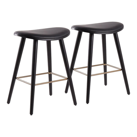 Lumisource Saddle 26" Contemporary Counter Stool in Black Wood and Black Faux Leather with Gold Metal - Set of 2