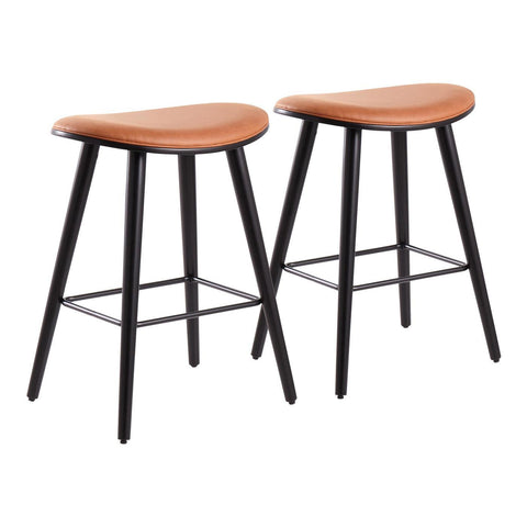 Lumisource Saddle 26" Contemporary Counter Stool in Black Wood and Camel Faux Leather with Black Metal - Set of 2