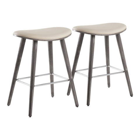 Lumisource Saddle 26" Contemporary Counter Stool in Grey Wood and Cream Faux Leather with Chrome Metal - Set of 2