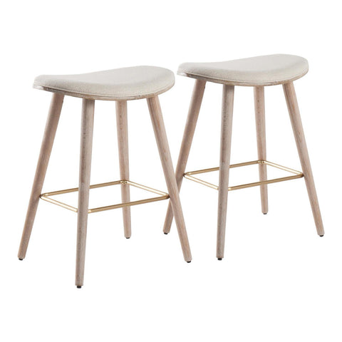 Lumisource Saddle 26" Contemporary Counter Stool in White Washed Wood and Cream Fabric with Gold Metal - Set of 2