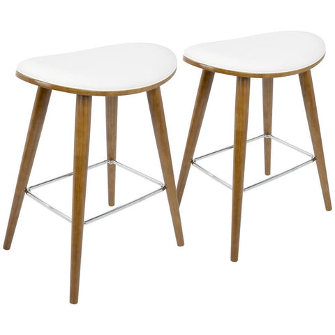 Lumisource Saddle 26" Mid-Century Modern Counter Stool in Walnut and White Faux Leather - Set of 2