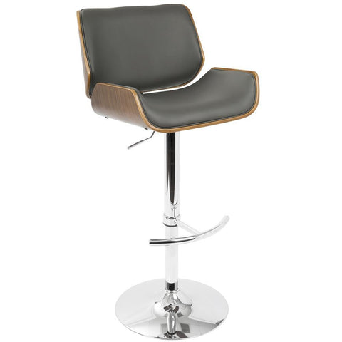Lumisource Santi Mid-Century Modern Adjustable Barstool with Swivel in Walnut and Grey Faux Leather