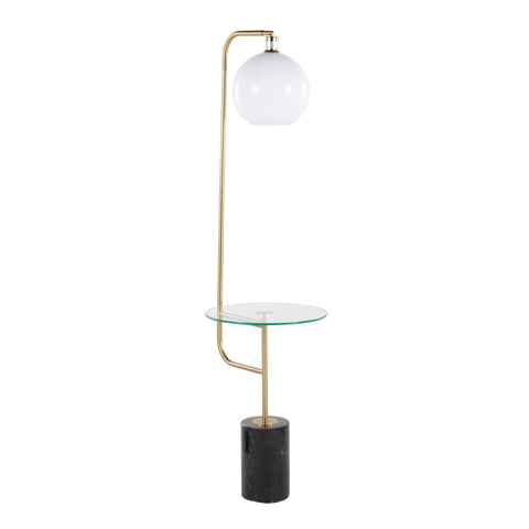 Lumisource Symbol Contemporary/Glam Floor Lamp with Clear Glass Side Table, Gold Metal Accents, Black Marble Base, and White Shade