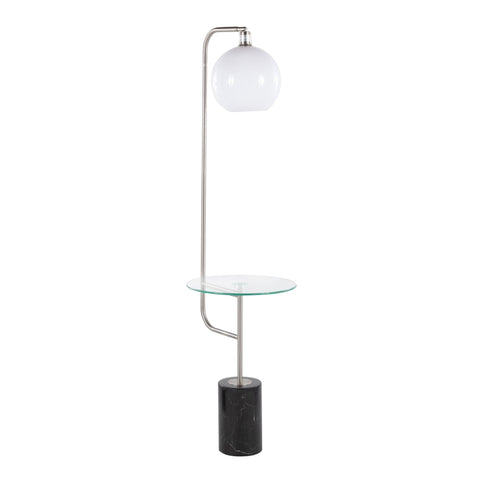 Lumisource Symbol Contemporary/Glam Floor Lamp with Clear Glass Side Table, Nickel Metal Accents, Black Marble Base, and White Shade