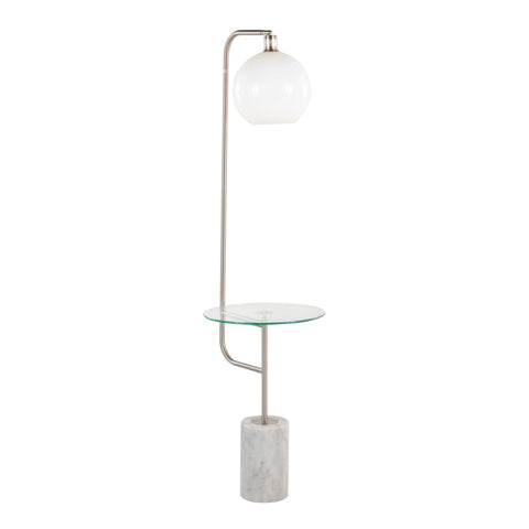 Lumisource Symbol Contemporary/Glam Floor Lamp with Clear Glass Side Table, Nickel Metal Accents, White Marble Base, and White Shade