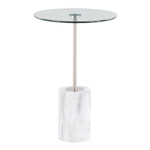 Lumisource Symbol Contemporary Side Table in White Marble, Nickel and Clear Glass