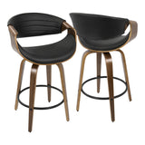 Lumisource Symphony Mid-Century Modern Counter Stool in Walnut and Black Faux Leather - Set of 2
