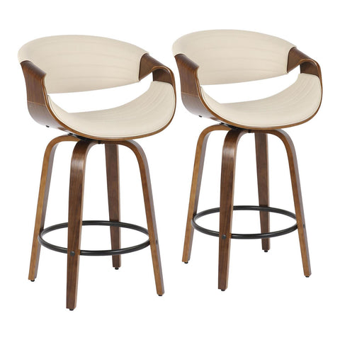 Lumisource Symphony Mid-Century Modern Counter Stool in Walnut and Cream Faux Leather - Set of 2