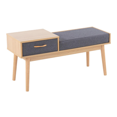 Lumisource Telephone Contemporary Bench in Natural Wood and Grey Fabric with Pull-Out Drawer