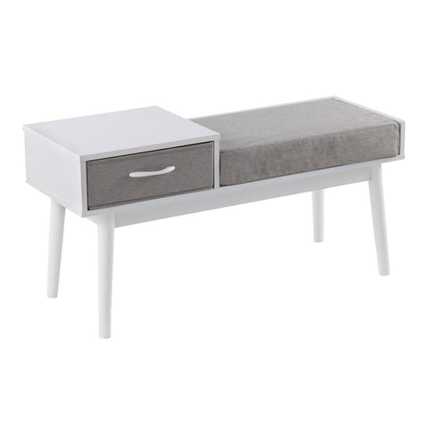 Lumisource Telephone Contemporary Bench in White Wood and Grey Fabric with Pull-Out Drawer