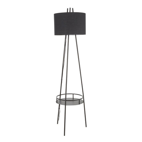 Lumisource Trident Contemporary Floor Lamp in Black Metal with Black Linen Shade and Black Metal Shelf