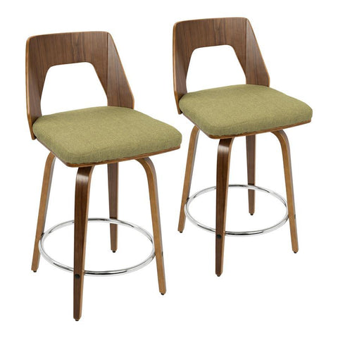 Lumisource Trilogy Mid-Century Modern Counter Stool in Walnut and Green Fabric - Set of 2