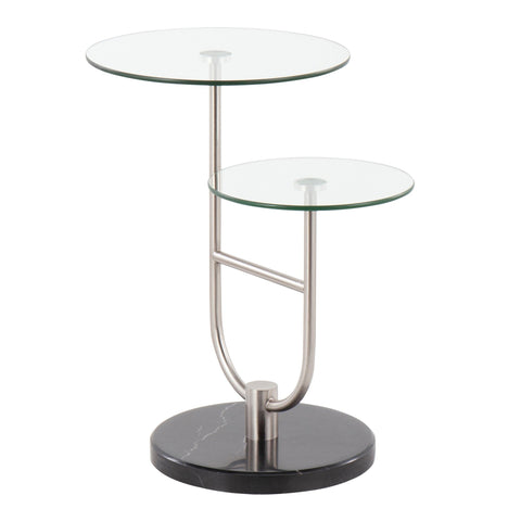 Lumisource Trombone Glam Side Table in Black Marble, Nickel and Clear Glass