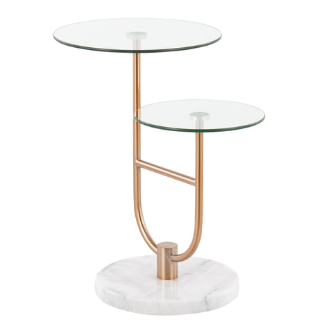 Lumisource Trombone Glam Side Table in White Marble, Gold Steel and Clear Glass