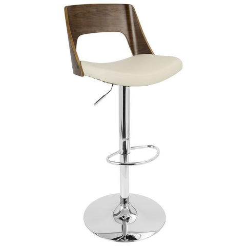 Lumisource Valencia Mid-Century Modern Adjustable Barstool with Swivel in Walnut and Cream Faux Leather