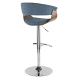 Lumisource Vintage Mod Mid-Century Modern Adjustable Barstool with Swivel in Walnut and Blue Fabric