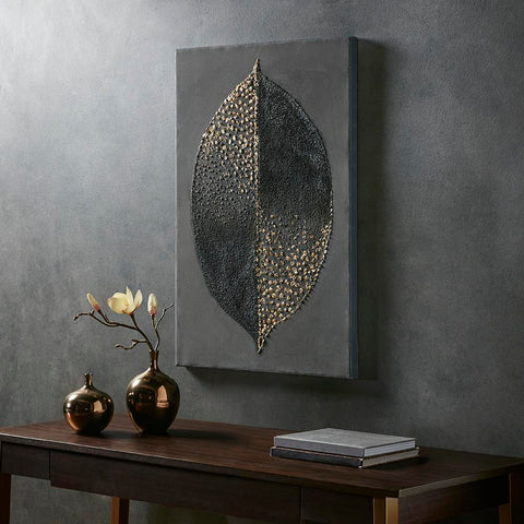 Madison Park Charcoal Leaf Heavy Textured Canvas with Gold Foil Embellishment