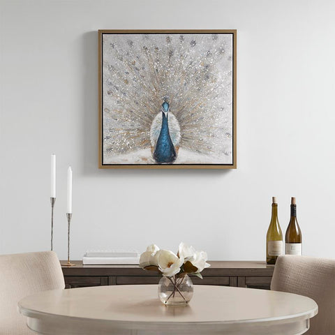 Madison Park Gilded Peacock Framed Canvas with Gold Foil and Hand Embellishment