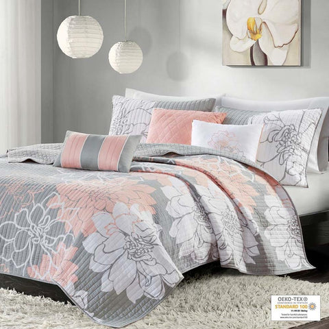 Madison Park Lola 6 Piece Reversible Cotton Printed Coverlet Set Full/Queen