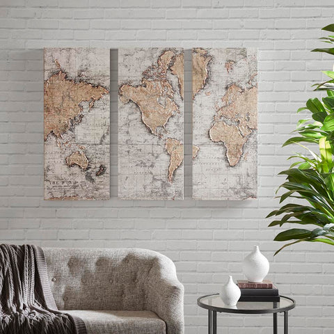 Madison Park Map of the World Printed Canvas with 30% Hand Brush Embellishment Set of 3