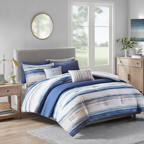 Madison Park Marina 8 Piece Printed Seersucker Comforter and Coverlet Set Collection King/Cal King