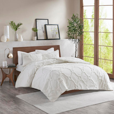 Madison Park Pacey 3 Piece Tufted Cotton Chenille Geometric Comforter Set Full/Queen