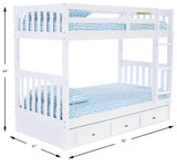 OS Home and Office Furniture Model 0210M-K3-R-KD, Solid Pine Twin over Twin Bunk Bed with Three Drawers in Casual White