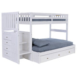 OS Home and Office Furniture Model 0214-TF-K3-KD, Solid Pine Mission Staircase Twin over Full Bunk Bed with Seven Drawers in Casual White