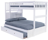 OS Home and Office Furniture Model 0214-TF-TRUND, Solid Pine Mission Staircase Twin over Full Bunk Bed with Four Drawer Chest and a Roll Out Twin Trundle bed in Casual White.