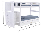 OS Home and Office Furniture Model 0214-TT-K3-KD, Solid Pine Mission Staircase Twin over Twin Bunk Bed with Seven Drawers in Casual White