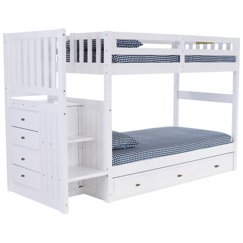 OS Home and Office Furniture Model 0214-TT-K3-KD, Solid Pine Mission Staircase Twin over Twin Bunk Bed with Seven Drawers in Casual White