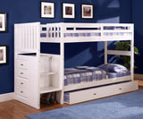OS Home and Office Furniture Model 0214-TT-TRUND, Solid Pine Mission Staircase Twin over Twin Bunk Bed with Four Drawer Chest and a Roll Out Twin Trundle bed in Casual White.