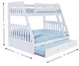 OS Home and Office Furniture Model 0218-TRUND-R, Solid Pine Twin over Full Bunk Bed with Roll out Twin Trundle bed in Casual White.