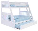 OS Home and Office Furniture Model 0218-TRUND-R, Solid Pine Twin over Full Bunk Bed with Roll out Twin Trundle bed in Casual White.