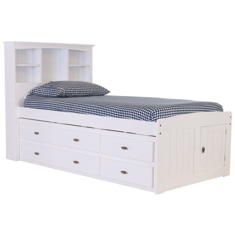 OS Home and Office Furniture Model 0220-K12-KD Solid Pine Twin Captains Bookcase Bed with 12 spacious under bed drawers in Casual White