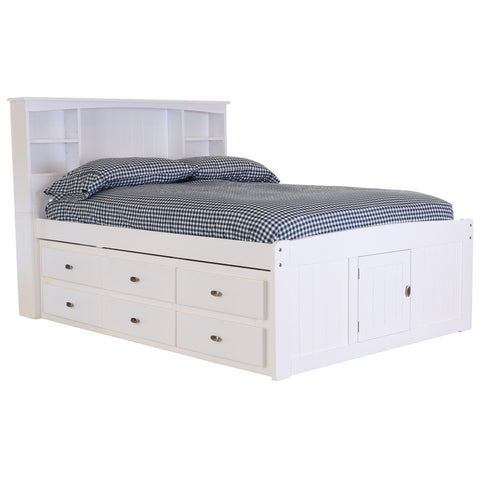 OS Home and Office Furniture Model 0221-K6-KD Solid Pine Full Sized Captains Bookcase Bed with 6 spacious under bed drawers in Casual White