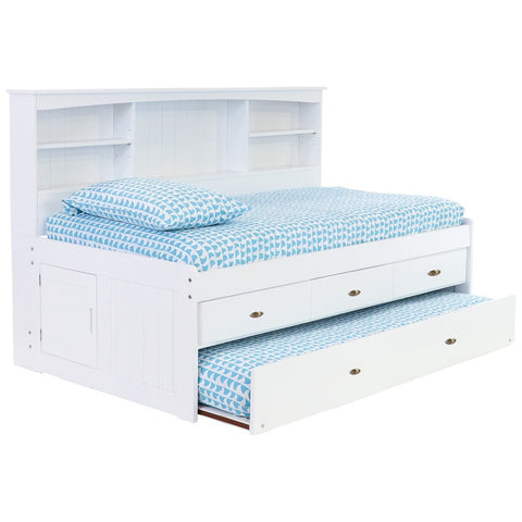 OS Home and Office Furniture Model 0222-K3-R-KD, Solid Pine Twin Bookcase Daybed with Three Drawers and Twin Trundle in Casual White