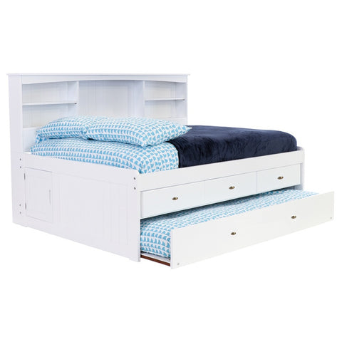 OS Home and Office Furniture Model 0223-K3-R-KD, Solid Pine Full Bookcase Daybed with 3 Drawers and Twin Trundle in Casual White