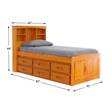 OS Home and Office Furniture Model 2120-K12-KD Solid Pine Twin Captains Bookcase Bed with 12 drawers in Warm Honey