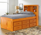OS Home and Office Furniture Model 2120-K12-KD Solid Pine Twin Captains Bookcase Bed with 12 drawers in Warm Honey