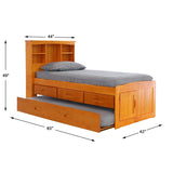 OS Home and Office Furniture Model 2120-K3-KD Solid Pine Twin Captains Bookcase Bed with Twin Trundle and 3 drawers in Warm Honey