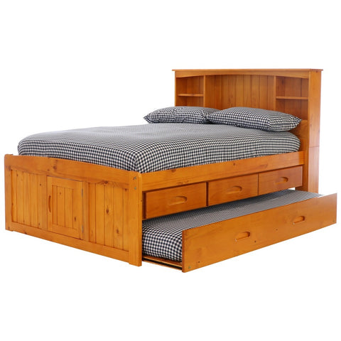 OS Home and Office Furniture Model 2121-K3-KD Solid Pine Full Captains Bookcase Bed with Twin Trundle and 3 drawers in Warm Honey
