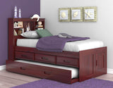 OS Home and Office Furniture Model 2820-K3-KD Solid Pine Twin Captains Bookcase Bed with Twin Trundle and 3 drawers in Rich Merlot