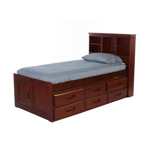OS Home and Office Furniture Model 2820-K6-KD Solid Pine Twin Captains Bookcase Bed with 6 drawers in Rich Merlot