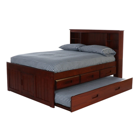 OS Home and Office Furniture Model 2821-K3-KD Solid Pine Full Captains Bookcase Bed with Twin Trundle and 3 drawers in Rich Merlot