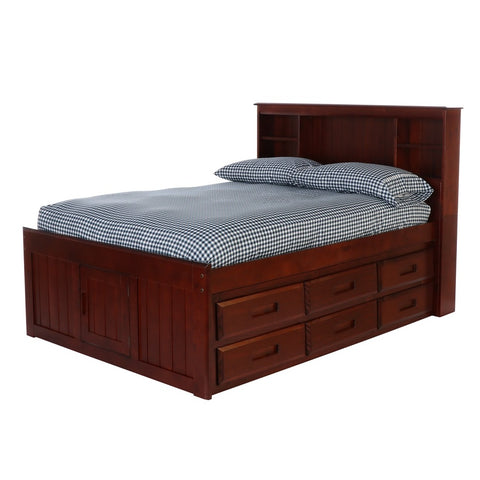 OS Home and Office Furniture Model 2821-K6-KD Solid Pine Full Captains Bookcase Bed with 6 drawers in Rich Merlot