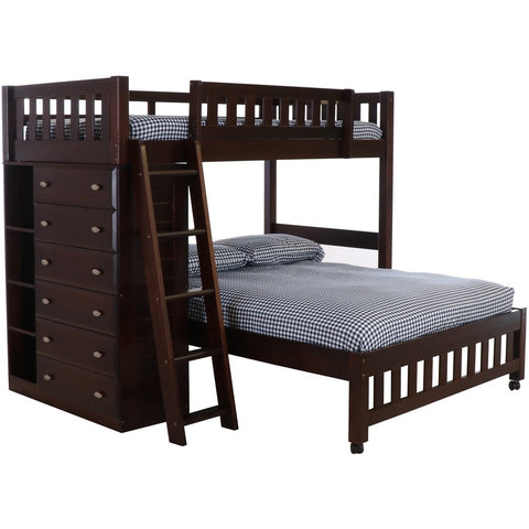 OS Home and Office Furniture Model 2905R, Solid Pine Twin Over Full Loft Bed with Six Drawers in Dark Espresso