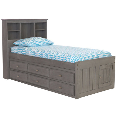 OS Home and Office Furniture Model 3220-K6-KD Solid Pine Twin Captains Bookcase Bed with 6 drawers in Charcoal Gray