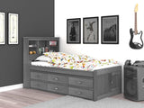 OS Home and Office Furniture Model 3220-K6-KD Solid Pine Twin Captains Bookcase Bed with 6 drawers in Charcoal Gray