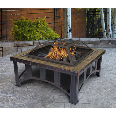 Outdoor Leisure Products 30 inch Square Steel Fire Pit with Decorative Slate Hearth and Oil Rubbed Bronze Finish